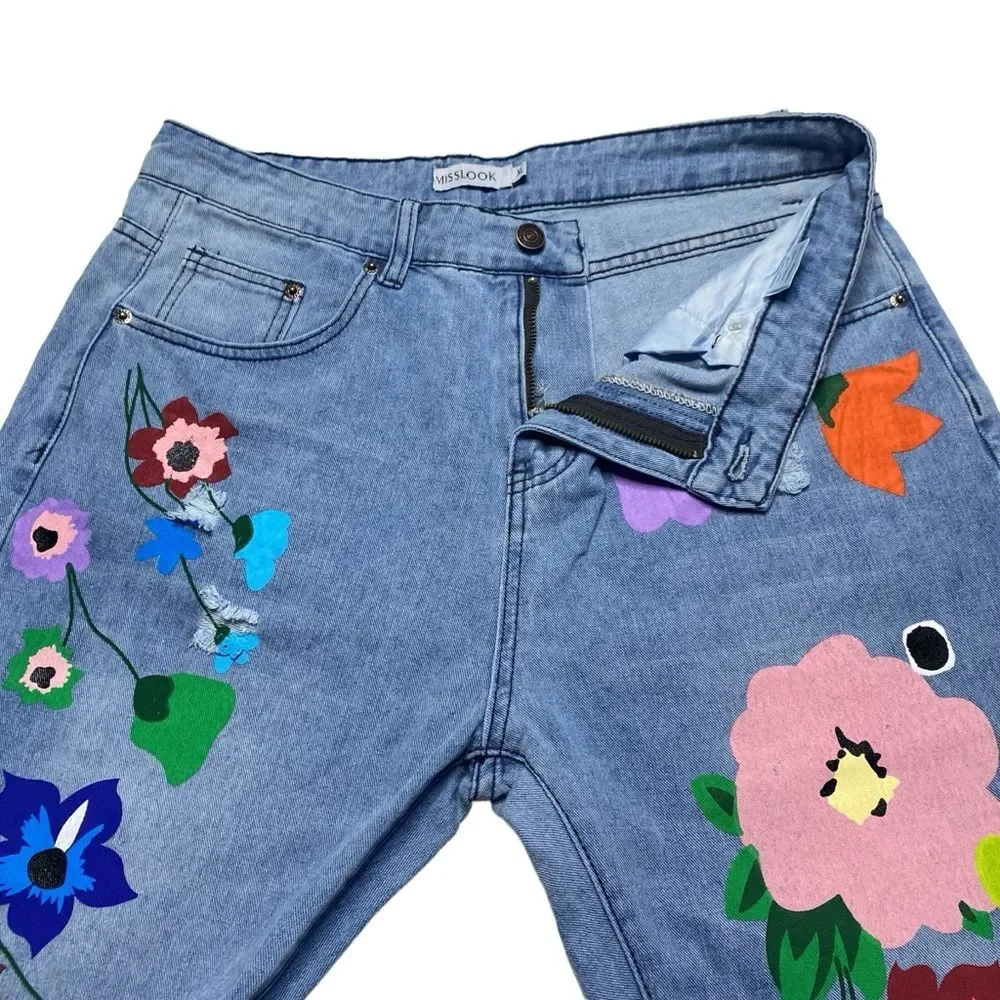 MISSLOOK Flower Power Bohemian Painted Jeans Floral Hippie Blue Sz XL - Picture 2 of 10